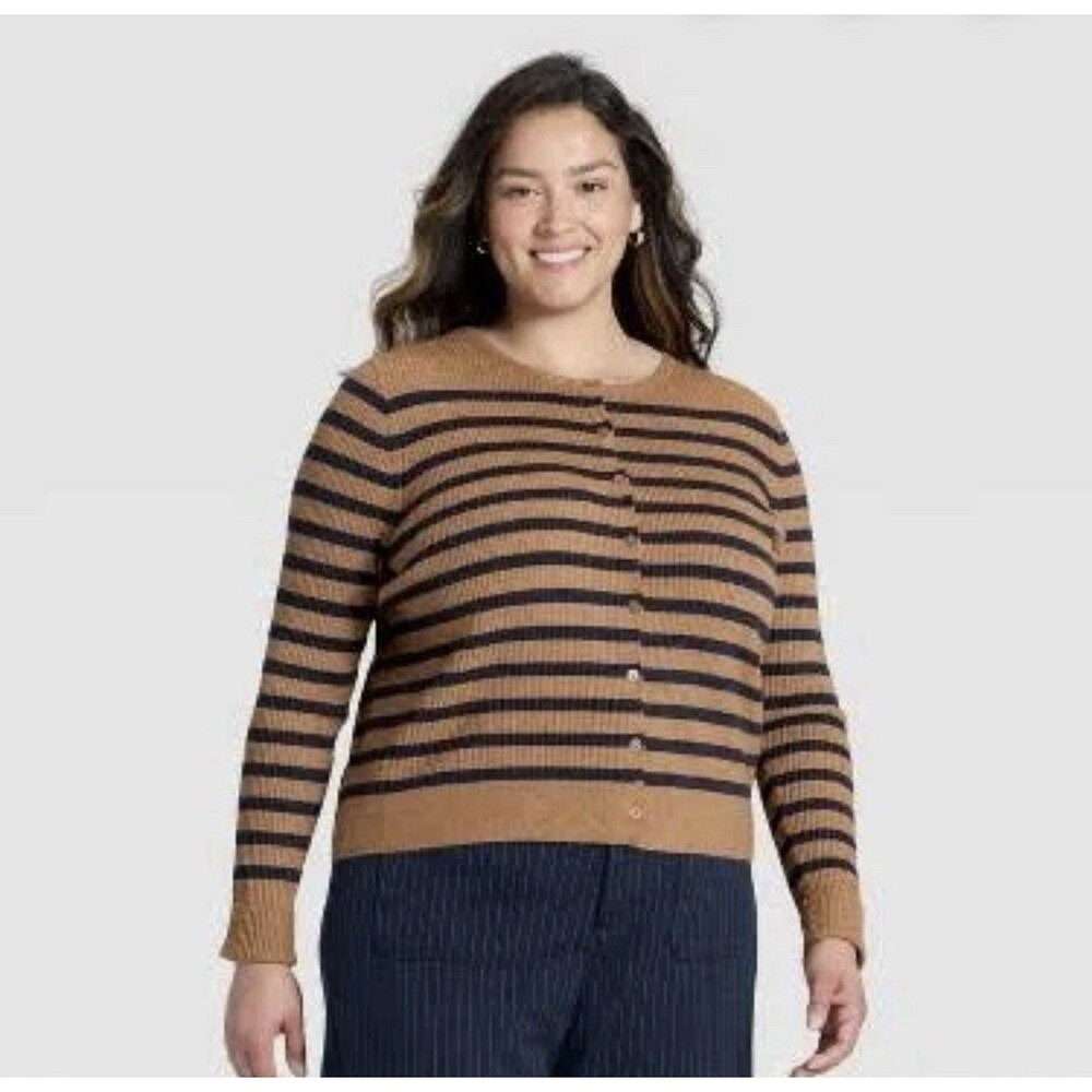 NWT Women's A New Day Sweater Ribbed Striped Button Down Cardigan Brown Size 3X